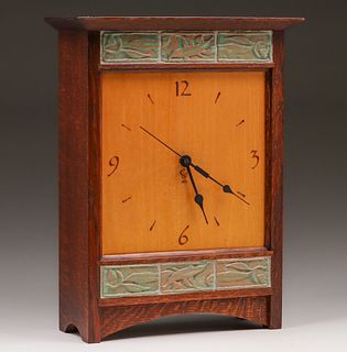 Contemporary Arts & Crafts Oak & Eucalyptus Tile Mantle Clock 1999