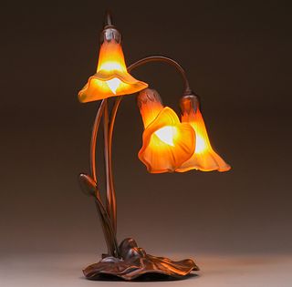 Contemporary Tiffany Style Bronze Three-Lily Lamp c1990s