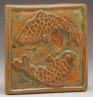 Contemporary Hand-Carved Double Fish Tile c1990s