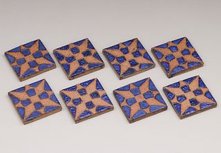 8 Grueby Matte Blue Starburst Tiles c1910