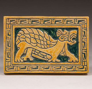 Batchelder Influenced Carved Lion Tile c1910s