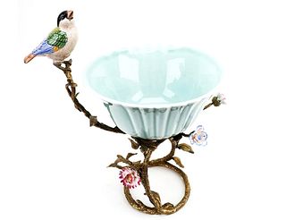 Bird on Twig Bronze & Porcelain Figural Planter