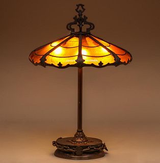 Large Spanish A&C Hand-Forged Iron & Amber Glass Lamp