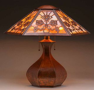 Limbert Hammered Copper & Slag Glass Oval Lamp c1910