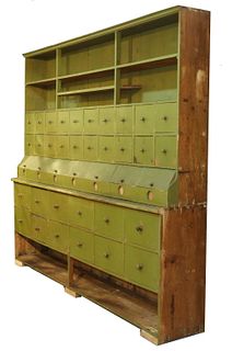 RARE TWO-PART COUNTRY STORE CABINET IN GREEN PAINT