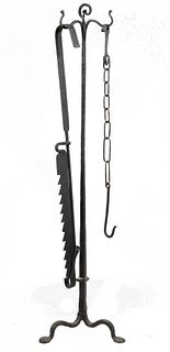 WROUGHT IRON FIREPLACE STAND WITH TRAMMEL AND CHAIN WITH HOOK, CIRCA 1820