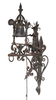 ORNATE EUROPEAN WROUGHT IRON DOORBELL WITH OIL LAMP