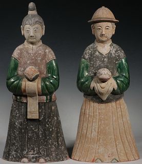 SMALL PR OF MING POTTERY TEMPLE FIGURES, MALE & FEMALE