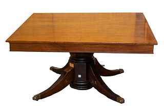 SQUARE MAHOGANY PEDESTAL BASE DINING TABLE WITH LEAVES, CIRCA 1900
