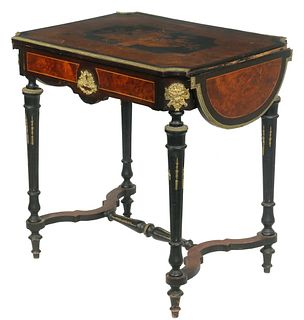 FRENCH MARQUETRY DROP LEAF WRITING TABLE