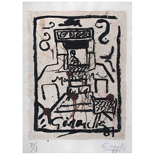 ALBERTO GIRONELLA, Sin título, de la carpeta Copilli: corona real, Firmada y fechada 81, Serigrafía sobre papel amate P/I, 48 x 31 cm