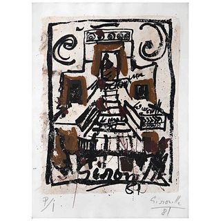 ALBERTO GIRONELLA, Sin título, Firmada y fechada a lápiz y malla, Serigrafía y collage sobre papel amate, 77 x 34 cm