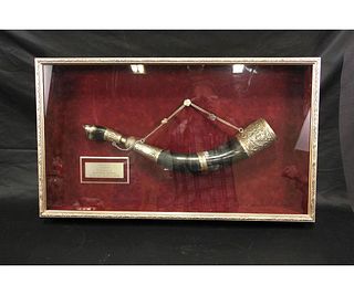 ANTIQUE HORN IN A SHADOW BOX