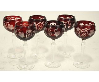 SET OF SIX RUBY CUT TO CLEAR WINE GOBLETS