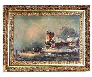 19th CENTURY SNOWSCAPE OIL ON CANVAS PAINTING