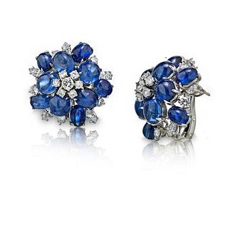 CABOCHON BLUE SAPPHIRE AND DIAMOND FLOWER EARRINGS