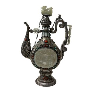 Tibetan Silver Teapot with Jade Mounts
