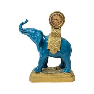 Blue Chinese Porcelain Elephant with Bronze Clock