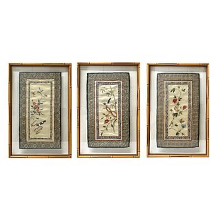 Set of 3 Chinese Embroidered Silk Panels