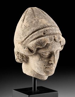 Greek Terracotta Head of a Youth Wearing Pilos Helmet