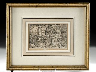 Framed 16th C German Woodblock, Arion Sings to Dolphins