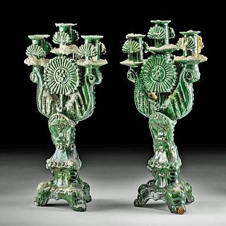 Pair of Chinese Qing Dynasty Glazed Pottery Candelabra