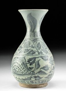 15th C. Thai Stoneware Bottle w/ Aquatic Fauna Motif
