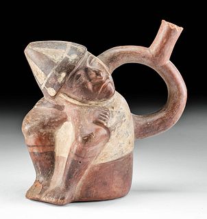 Moche Pottery Stirrup Vessel - Seated Warrior