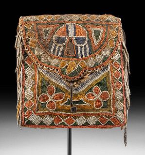 Early 20th C. Yoruba Beaded Leather & Burlap Bag