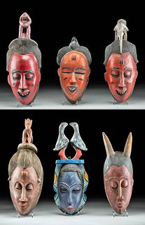 Lot of 6 Early 20th C. African Baule Vibrant Wood Masks