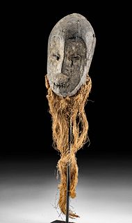 Mid 20th C. African Lega Wood Mask with Raffia Beard