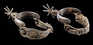 Late 19th C. Mexican Steel, Leather, & Silver Spurs