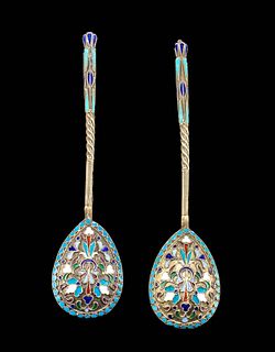 Early 20th C. Russian Gilt Silver & Enamel Spoons (pr)