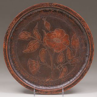 Arts & Crafts Acid-Etched Rose Floral Tray c1910s