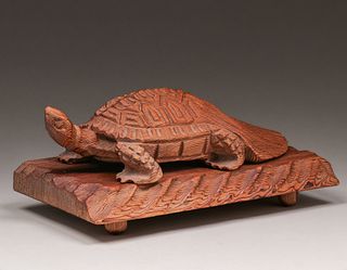 Antique Japanese Hand-Carved Redwood Turtle c1910s