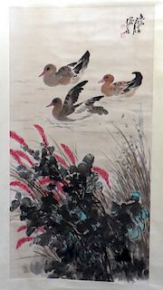 Chinese Watercolor Scroll: Ducks In A Lake