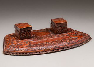 Arts & Crafts Tooled Leather Inkwell Desk Piece c1910