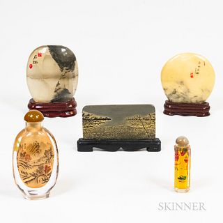 Two Chinese Interior-painted Snuff Bottles and Three Desktop Viewing Stones