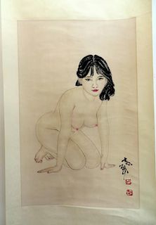 Chinese Watercolor Scroll: Nude Woman