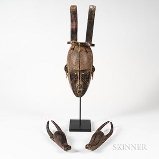 African Bamana-style Wood and Fiber Mask and Two Antelope Masks