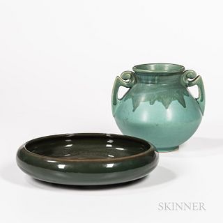 Roseville Pottery Handled Vase and a Weller Pottery Bulb Bowl