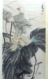 Chinese Watercolor Scroll: Lily & Dragonfly