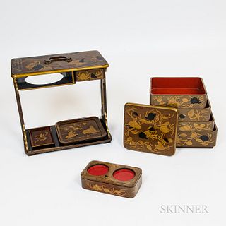 Japanese Picnic/Bento Box and a Lacquered Wood Stand