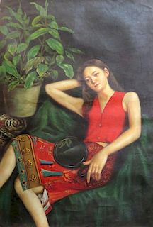 Chinese Oil On Canvas Of Woman In Red