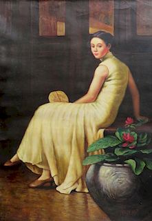 Oil On Canvas Of Chinese Woman In Yellow