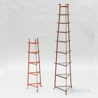 Two Red-painted Wrought Iron Plant Stands