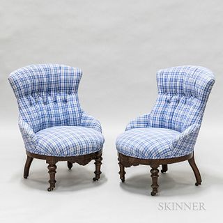 Pair of Victorian Upholstered Mahogany Slipper Chairs