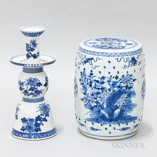 Two Large Chinese Export Blue and White Candleholders and a Garden Seat