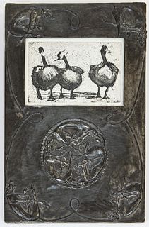 Etching of Three Geese in a "Circle of Beasts" Engraved Metal Frame