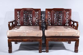 Pair Chinese Carved Wooden Chairs